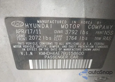 2011 Hyundai Elantra Limited (Ulsan Plant) z USA, uszkodzony, nr VIN KMHDH4AE7BU158600